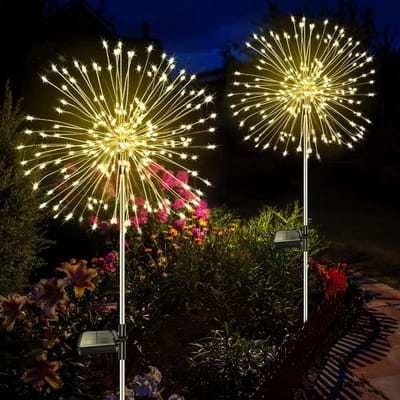 Set van 2 Zonne-energie Tuinlampen met 120 LED Vuurwerk Lichten, 8 Verlichtingsmodi voor Buiten, Dandelion Lampen voor Tuin en Gazon (Warm Wit)