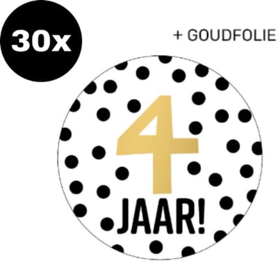30x ZOETTT Sluitsticker 4 jaar! | GOUDFOLIE | 40 mm | Traktatiesticker Hoera | Cadeausticker | Sluitzegel | Sluitsticker | Traktatie - Verjaardag - Feest | Kinder traktatie