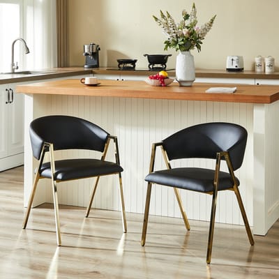 Wishdor Eetkamerstoelen - Set Van 2 Met Rugleuning - Verstelbare Poten - Zwarte Bekleding - Goudkleurig Metalen Frame