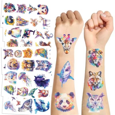 10 pièces Autocollants de Tatouage Série Animaux Aquarelle Dessin Animé Imperméables Fête Cadeaux de Fête Autocollants Visage Amusants Drôles