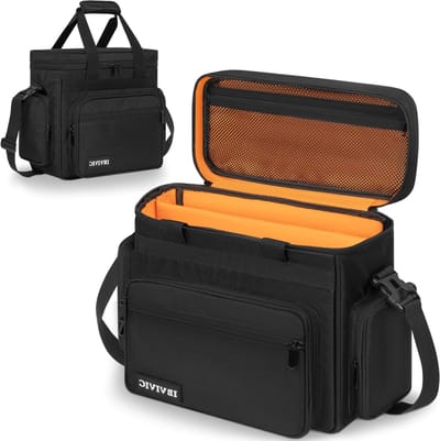 Waterdichte Vinyl Platen Opbergcase voor 7/10/12 Inch LP Albums - Draagbare LP Tas met Verwijderbare Scheidingswanden voor Thuis en Reizen, Zwart-ORANJE