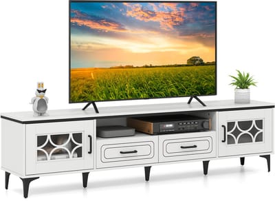 COSTWAY Tv-kast van bamboe, lowboard voor tv's tot 80 inch, tv-kast met 2 laden, 2 deuren en vak, televisietafel met metalen poten, tv-kast voor woonkamer (wit)