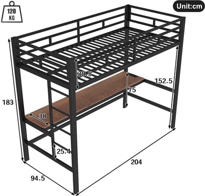 YEHTOKHOME Hoogslaper 90 x 200 cm, leuning, trapladder, met USB en stopcontact, met ledverlichting, bureau, app-compatibel, zonder matras, metaal, zwart