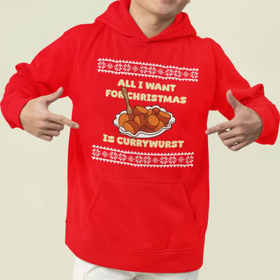 Foute Kerst Hoodie Rood All I want For Christmas Is Currywurst XS - Uniseks Pasvorm - Kerstkleding Voor Dames & Heren