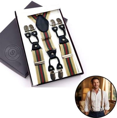 Sorprese - Luxe Chique Bretels - Milano Stripe - Zwart Leer - 6 Stevige Clips - Bretels Heren Volwassenen - Inclusief Cadeaudoos
