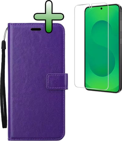 Hoesje Met Screenprotector - Geschikt voor Samsung Galaxy S25 - Luxe Pasjeshouder - Bookcase Portemonee - Flip Case - Kunstleer Book Case - Flipcase - Book Cover - Walletcase - Portemonneehoes - Paars