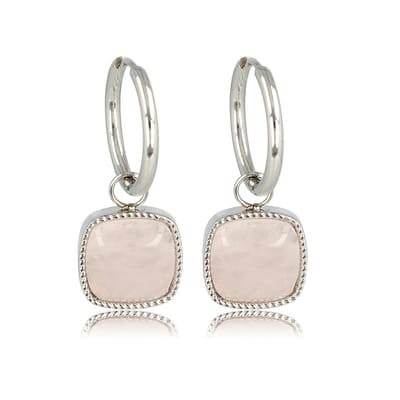 My Bendel - Oorbel Zilverkleurig Rose Quartz 38mm - Zilverkleurige Oorring met Grote Rose Quartz Edelsteen - met Luxe Cadeauverpakking | Sieraden Voor Dames