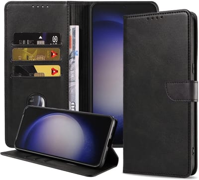 Geschikt voor Samsung Galaxy S23 Plus Telefoonhoesje Kunstleer met Magnetisch lipje en Pasjeshouder Book Case met Klepje - Zwart - Smartphonica geschikt voor Samsung Galaxy S23 Plus