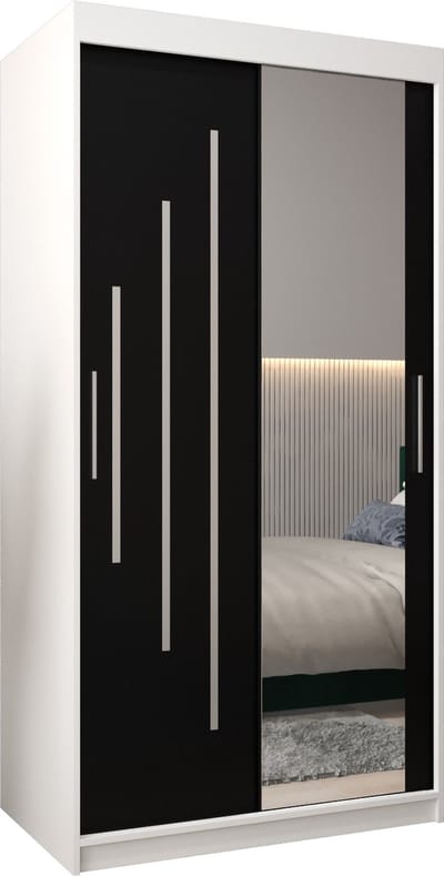 InspireMe - Kledingkast met 2 schuifdeuren, Modern-stijl, Een kledingkast met planken en een spiegel (BxHxD): 100x200x62 - MALTESE II 100 Wit Mat + Zwart