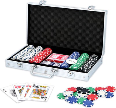 Pokerset met 300 Poker Chips - Incl. Pokerkoffer met Kaartspel en Fiches - Poker Set voor 4-5 Personen - 38,5 x 21 x 6 cm - Aluminium - Zilver