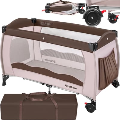 tectake® Kinderreisbedje - Babybed - Reisbed met Slaapmatje en Praktische Transporttas - 126 x 65 x 80 cm - (Koffie | Nr. 402417)