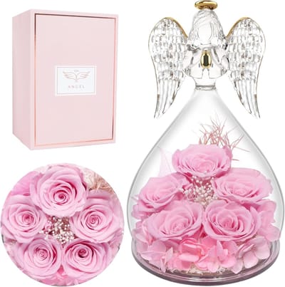 Eeuwige Roos in Glas met Engelenbeeldje - Cadeau voor Moederdag, Verjaardag en Valentijnsdag