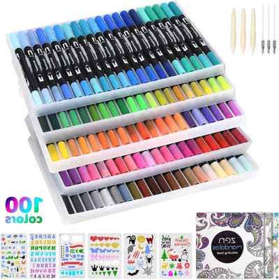 Dubbelzijdige brushpennen, 100 kleurpotloden met viltstiften en fineliners, ideaal voor volwassen kleurboeken, tekenen, schetsen en accentueren