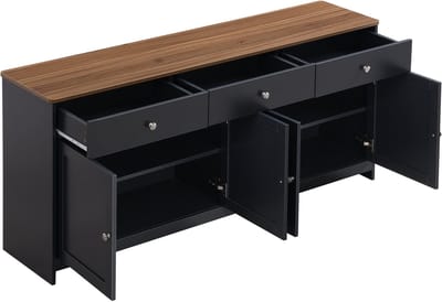 REDOM Landhuis dressoir – 160 cm – Buffetkast met 3 lades en 4 deuren – Houtkleurige bovenplaat, grijs-zwarte zijpanelen – Verstelbare planken – Voor woonkamer of eetkamer – MDF