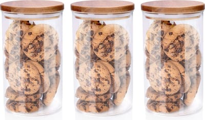 Voorraadpot/bewaarpot Foodking - 3x - borosilicaat glas - 950 ml - glas/hout - D9.5 x H16 cm - voedsel bewaren