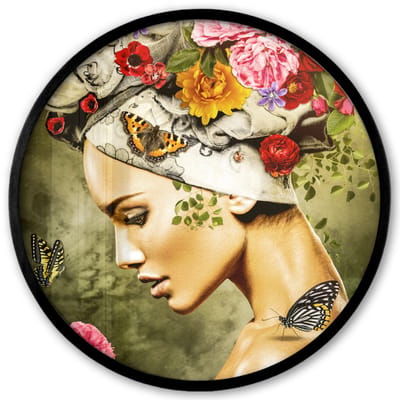 Poster in lijst Rond - Fotolijst 40x40 cm - Posters - Vrouw - Bloemen - Kleuren - Vlinders - Rozen - Hoofddoek - Ronde posterlijst zwart - Decoratie - Wanddecoratie woonkamer - Muurdecoratie slaapkamer