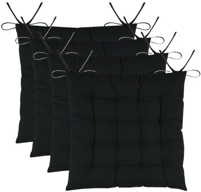 Stof Textile stoelkussens DUO - 4x - zwart - 38 x 38 x 3.5 cm - touwtjes sluiting - zitkussens - binnen/buiten