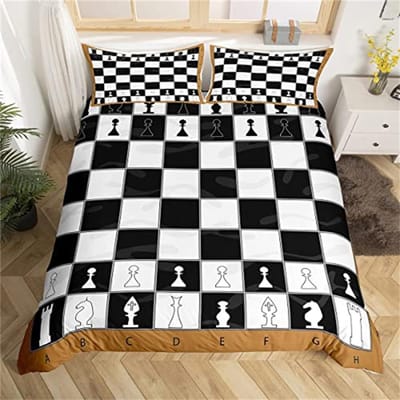 Internationale schaak dekbedovertrekset zwart wit rooster dambord dekbedovertrek wedstrijd spel voor kinderen tieners beddengoedset EU Single135x200cm