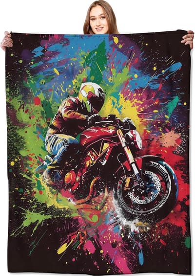 Motorrijder Deken Kleurrijk Fietser Motief | Lichtgewicht Zacht Fleece | Voor Sofa Bed Kamer Decor 60x80 inch