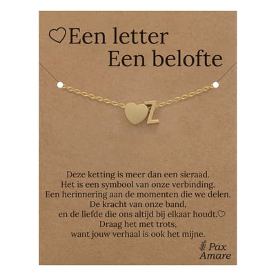 Letter Z Armband op Cadeau Kaartje - Een letter, een belofte - 15,5cm + 5,5cm verstelbaar Goudkleurig Stainless Steel - Initiaal & Hartje Hanger - Pax Amare