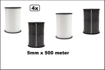 4x Krul lint zwart en wit 5mm x 500m - Black and white - krul lint kerst thema feest decoratie kado kado black and white verjaardag
