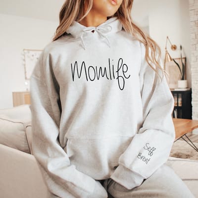 Dames hoodie momlife met kindernaam of kindernamen op de mouw-Grijs-Maat S