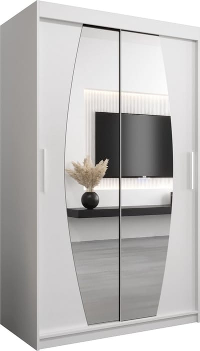 InspireMe - Kledingkast met 2 schuifdeuren, Modern-stijl, Een kledingkast met planken en een spiegel (BxHxD): 120x200x62 - GLOBE 120 Wit Mat