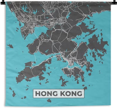 Wandkleed - Wanddoek - Hong Kong - Blauw - Kaart - Plattegrond - Stadskaart - 180x180 cm - Wandtapijt