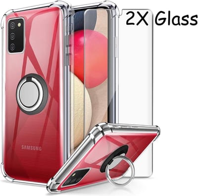 Hoesje Geschikt Voor Samsung Galaxy A02s Hoesje Luxe Backcover - Galaxy A02s Hoesje Metale Ring houder Transparant - Screenprotector 2 Pack Galaxy A20s