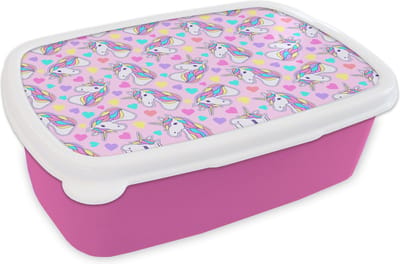 Broodtrommel Roze - Lunchbox - Brooddoos - Eenhoorn - Regenboog - Patronen - 18x12x6 cm - Kinderen - Meisje
