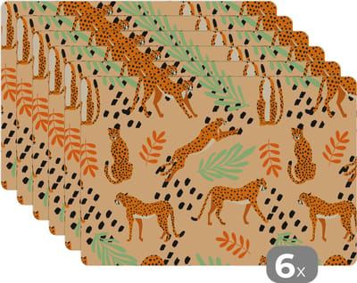 Placemat - Placemats kunststof - Patroon - Jachtluipaard - Bladeren - 45x30 cm - 6 stuks - Hittebestendig - Anti-Slip - Onderlegger - Afneembaar