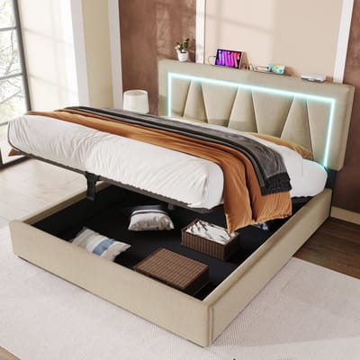 Gestoffeerd bed, tweepersoonsbed met opbergruimte, gestoffeerd bed met LED-verlichting, USB-oplaadfunctie en opbergbedframe, zonder matras, beige, 140 x 200 cm