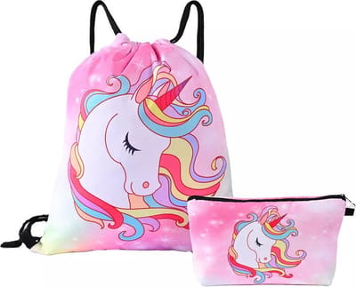 Meisjes Gymtas Unicorn + Etui - Sporttas met Rijgkoord - Regenboog Manen - 4-12 jaar