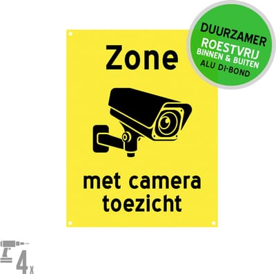 Pictogram/ bord Dibond + boorgaten | "Zone met cameratoezicht" | 19 x 25 cm | Duurzaam | CCTV | Toezicht | Camera bewaking | Geel | Roestvrij | 1 stuk