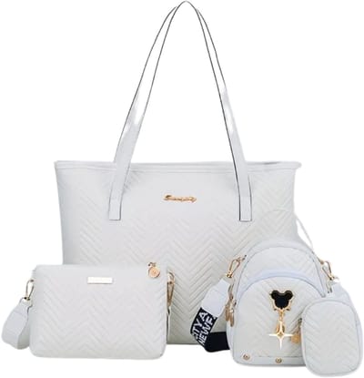 Bovista Handtas Dames - Schoudertas - School - Shopper - Schooltas - Werktas - 4-Delige Set - Wit