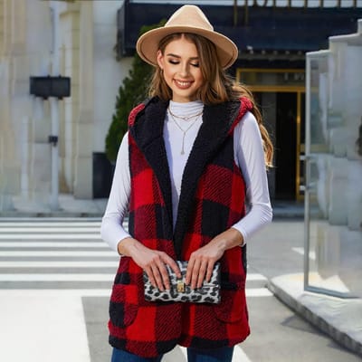Herfst en Winter Dames Losse Modieuze Middellange Capuchon Knoploze Vest Plaid Pluche Vest Jas Dames XL