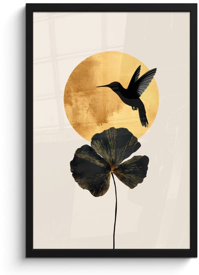 Poster in lijst - Fotolijst 40x60 cm - Posters - Zwarte kolibrie - Bloem - Gouden cirkel - Posterlijst zwart - Decoratie - Wanddecoratie woonkamer - Muurdecoratie slaapkamer