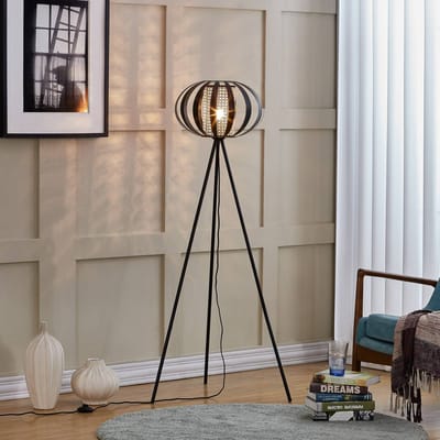 Lindby - vloerlamp- Driepoot - - 1licht - Metaal, rotan - H: 143 cm - E27 - zwart, licht hout