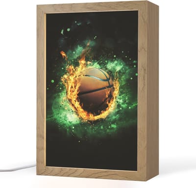 Nachtlampje 20x30 cm - Kinder lampje - Basketbal - Vuur - Vlammen - Groen - Tafellamp kinderkamer - Slaapkamer lamp - Bedlamp kinderen - Kinderlampje stopcontact - Wandlamp babykamer - Nachtlampjes