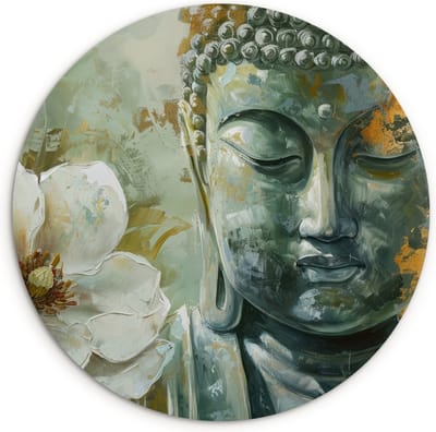 WallCircle® Wandcirkel 120x120 cm - Muurcirkel Boeddha - Groen - Lotusbloem - Kunstwerk - Verf - Zen - Muurdecoratie woonkamer - Wanddecoratie slaapkamer - Kamer decoratie accessoires - Ronde schilderijen - Woonaccessoires binnen cirkel
