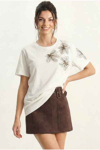 Bloemen Geborduurd T-shirt met Ronde Hals