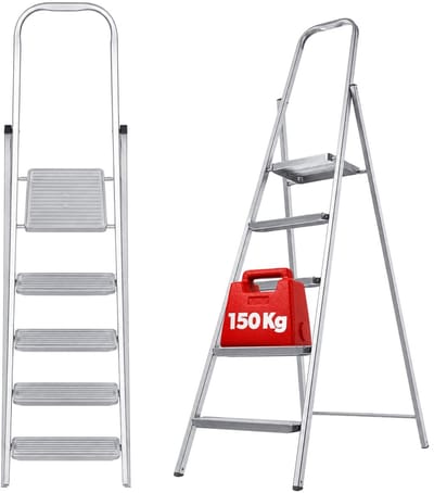 KADAX Eenzijdige stalen ladder met antislip voeten, treden met plank, inklapbaar, met brede treden (5 treden)