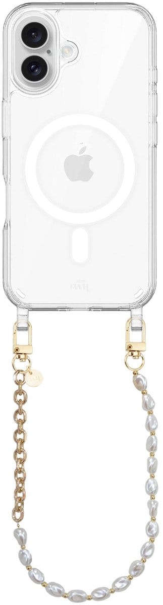 xoxo Wildhearts magnetisch hoesje geschikt voor iPhone 17 MagSafe - Over The Moon - Transparant telefoonhoesje met koord - Telefoonkoord - Parelketting met gouden schakels - Kort koord