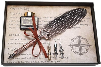 Dailygoods- Schrijfveer Retro Pennenset - 3 Reservepunten - Inktfles - Antiek Design - Natuurlijke Veer - Elegante Decoratie - Dippen