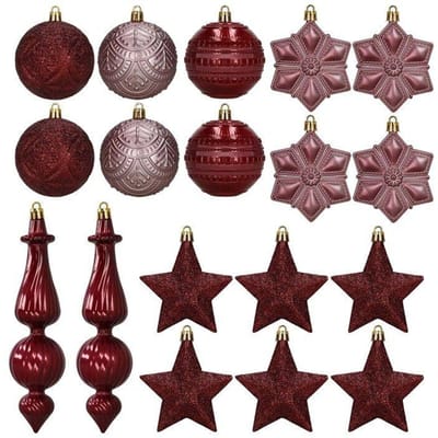 Springos Kerstballen | 18 Stuks | Paars | Bordeauxrood | Mat | Glanzend | Glitter
