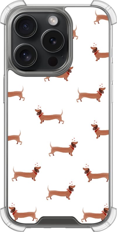 Shockproof hoesje - Geschikt voor iPhone 15 Pro - Teckels - Extra sterke case - TPU/polycarbonaat - Print / Illustratie - Bruin, Transparant