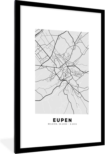 Fotolijst incl. Poster Zwart Wit- Plattegrond – Eupen – Zwart Wit – Stadskaart - Kaart - 60x90 cm - Posterlijst