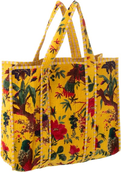 J-Line tas Vogels/Bloemen - katoen/fluweel - geel