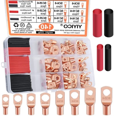 Koperen Tubular Cable Lugs en Ring Terminals, 140 Stuks in 9 Maten, Inclusief Krimpkous voor Elektrische Bedrading en Kabelverbindingen