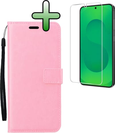 Hoesje Met Screenprotector - Geschikt voor Samsung Galaxy S25 - Luxe Pasjeshouder - Bookcase Portemonee - Flip Case - Kunstleer Book Case - Flipcase - Book Cover - Walletcase - Portemonneehoes - Lichtroze